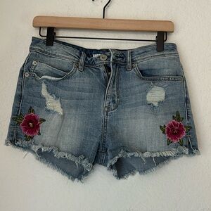 Vintage American Rag denim cut off shorts with rose motif/ patches size 7